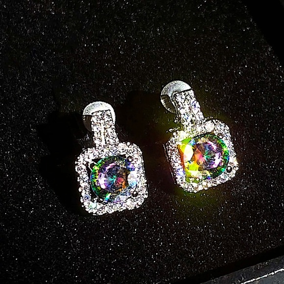 Sterling Silver Mystic Topaz Diamond Halo Stud Earrings - Picture 2 of 2
